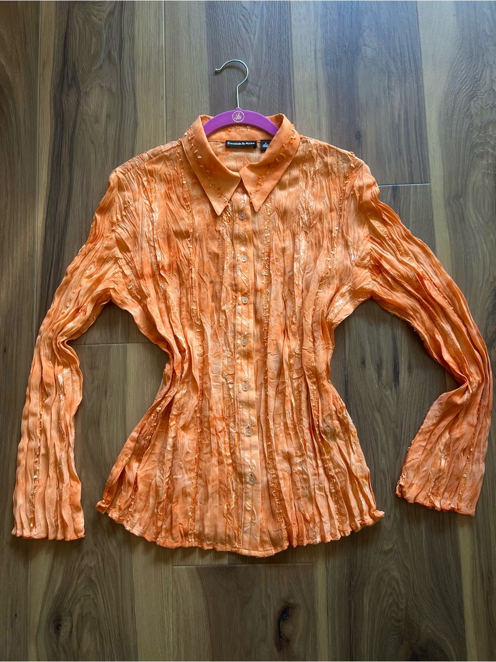 Y2K Essentials Milano Orange Pleated Sparkly Tie Dye Button Up Top